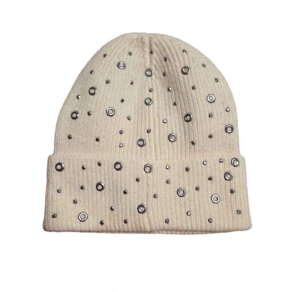 Madden NYC Cream Knit Beanie One Size White Acrylic Blend